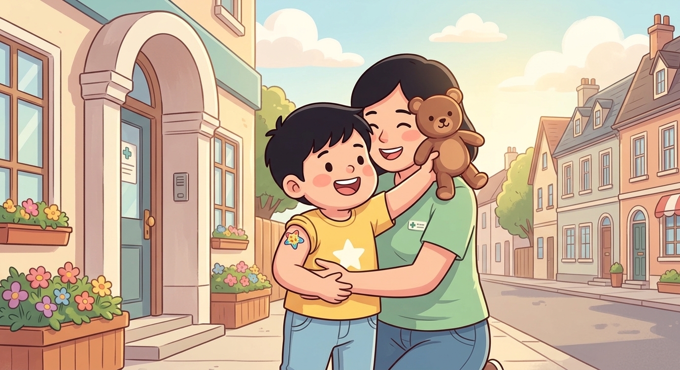 Mẹ ôm Bo thật chặt: "Con dũng cảm quá! Mẹ tự hào về con lắm." Bo cười tươi, giơ cao chú gấ…