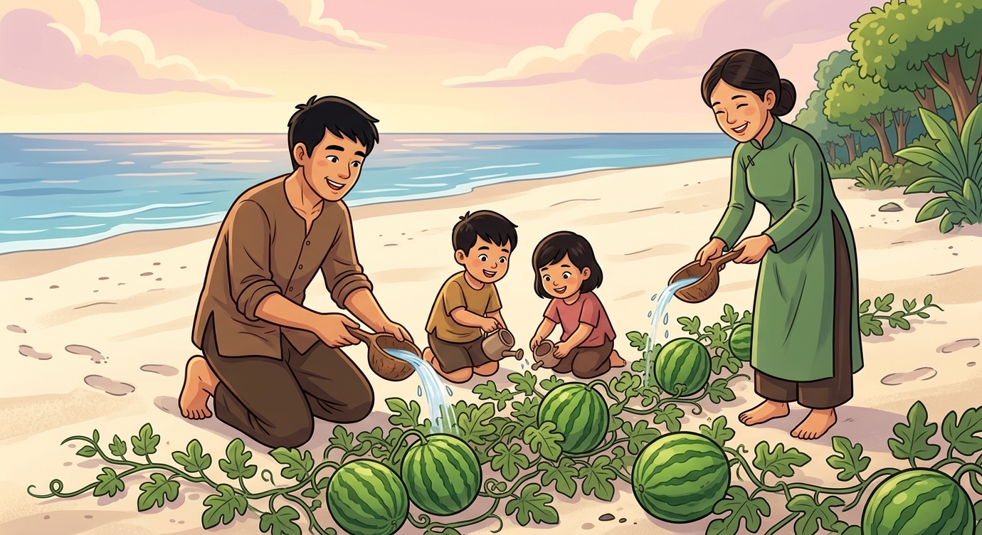 Ngày ngày, cả nhà chăm chỉ tưới nước cho những hạt lạ. Chẳng bao lâu, dây leo xanh mướt bò…