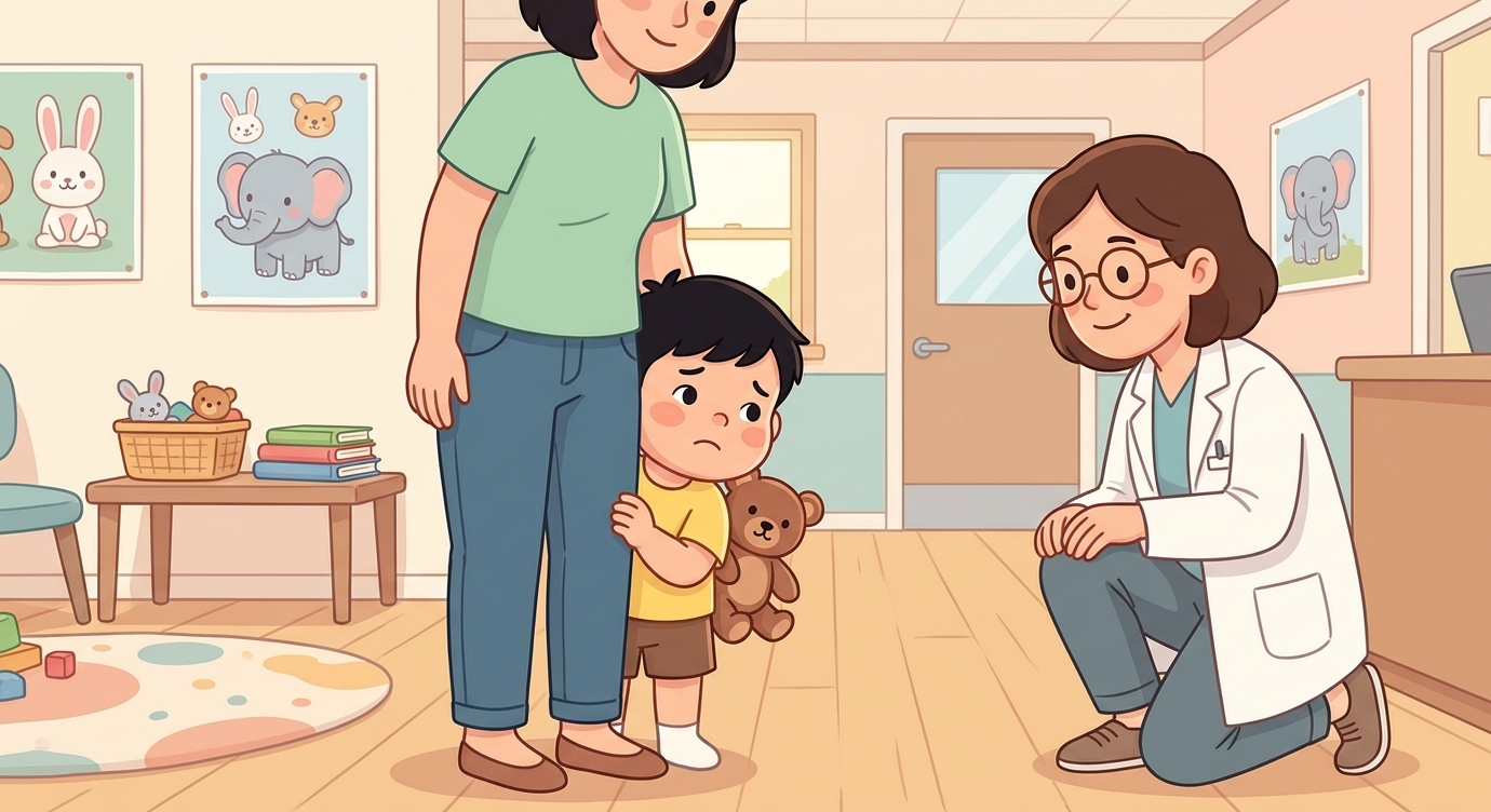 Phòng khám sáng và ấm, có tranh chú thỏ, chú voi dán trên tường. Bác sĩ đeo kính, mặc áo t…