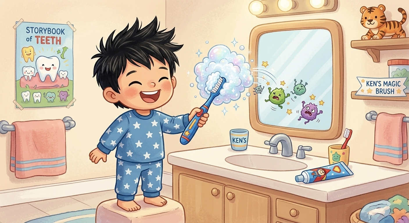 Ken bóp một chút kem lên bàn chải. Chớp một cái, kem tạo ra bọt trắng xốp như phép thuật!…