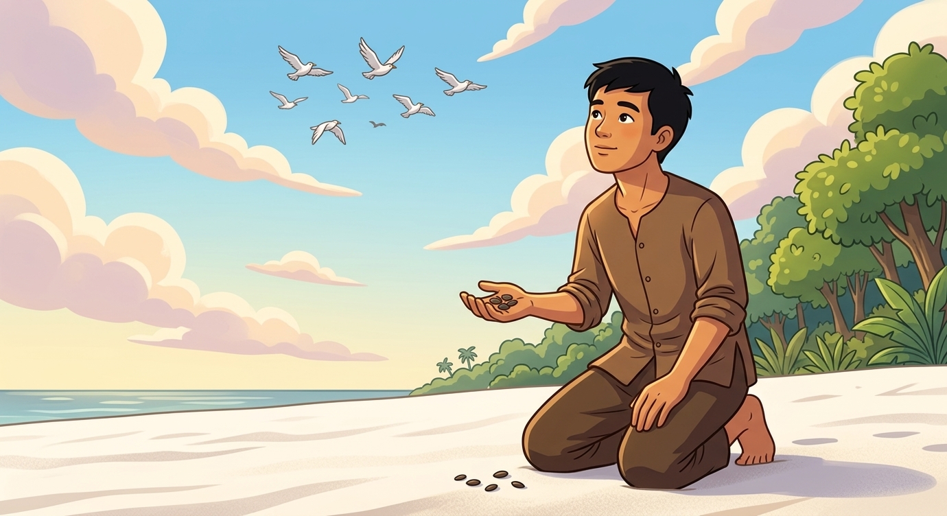 Một buổi sáng, một đàn chim trắng bay qua và thả xuống mấy hạt đen lạ. An Tiêm tò mò nhặt…