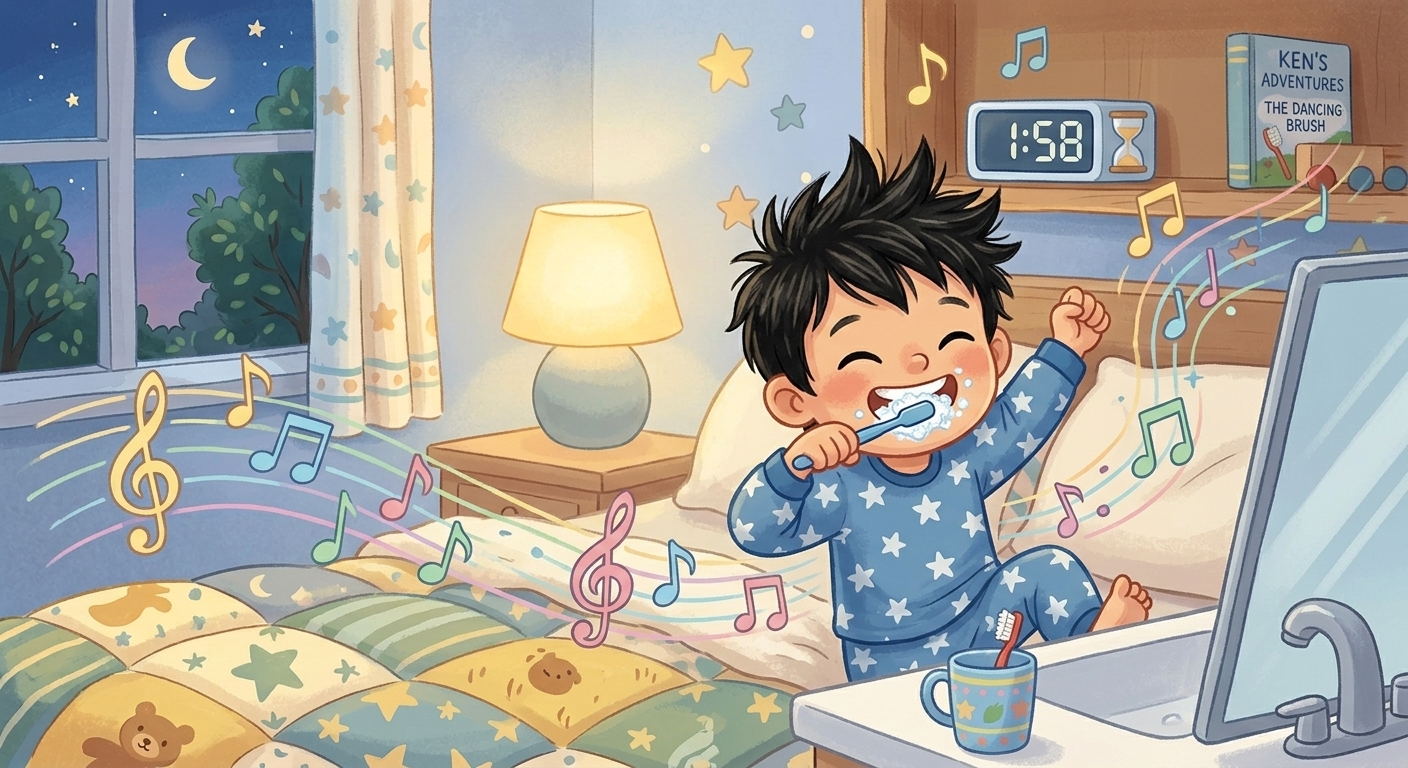 Mẹ bật một bài hát vui: "Chải trên, chải dưới, chải vòng vòng!" Ken đánh răng theo nhịp su…