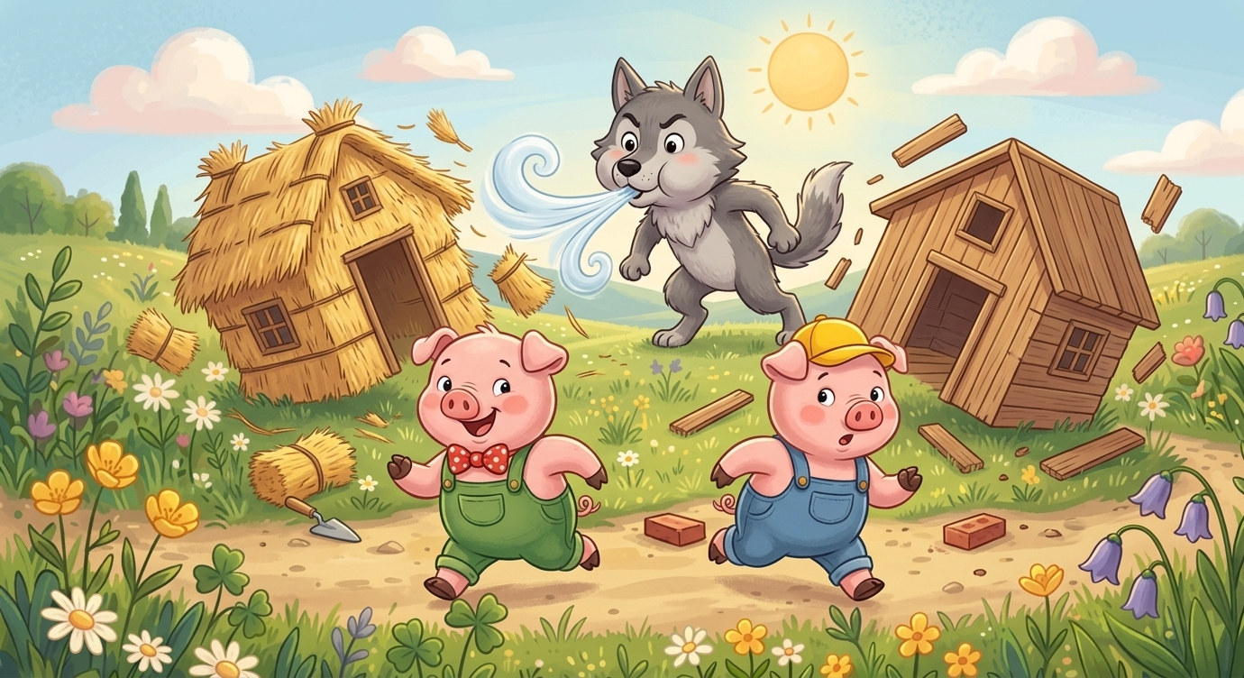 Bỗng một chú Sói tinh nghịch đi ngang qua. Chú Sói phồng má, hít một hơi thật sâu rồi "phù…
