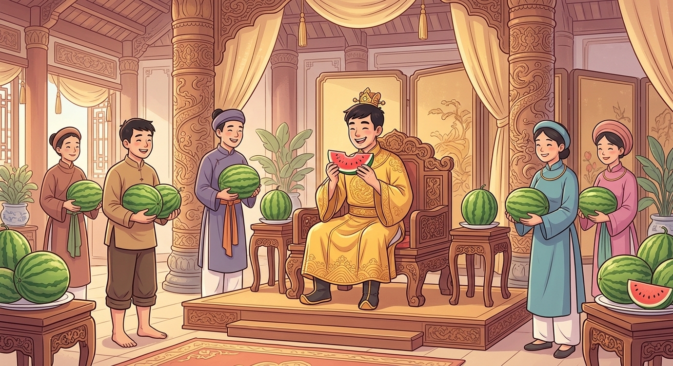 Quả dưa trôi mãi tới đất liền, đến tận tay nhà vua. Nếm thử miếng dưa ngọt mát, vua vô cùn…