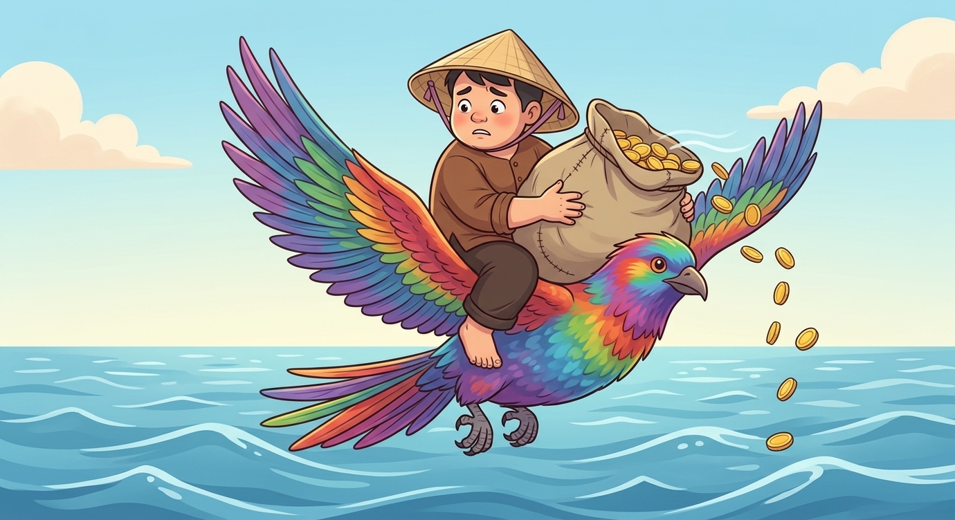 Trên đảo vàng, anh nhét đầy chiếc túi to nặng trĩu. Túi quá nặng khiến chim bay chậm chạp.…