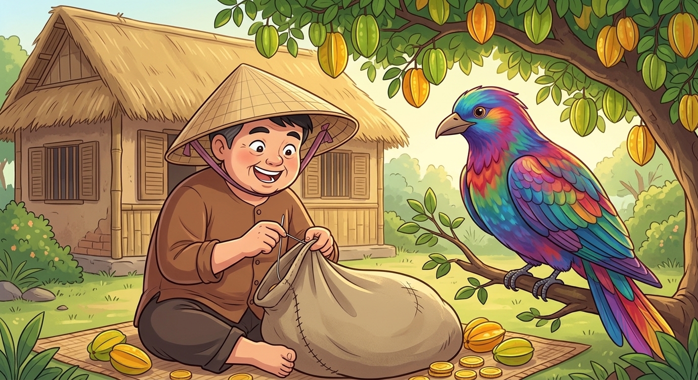 Người anh tham lam liền đổi hết ruộng vườn để lấy cây khế. Khi chim đến, anh may một chiếc…