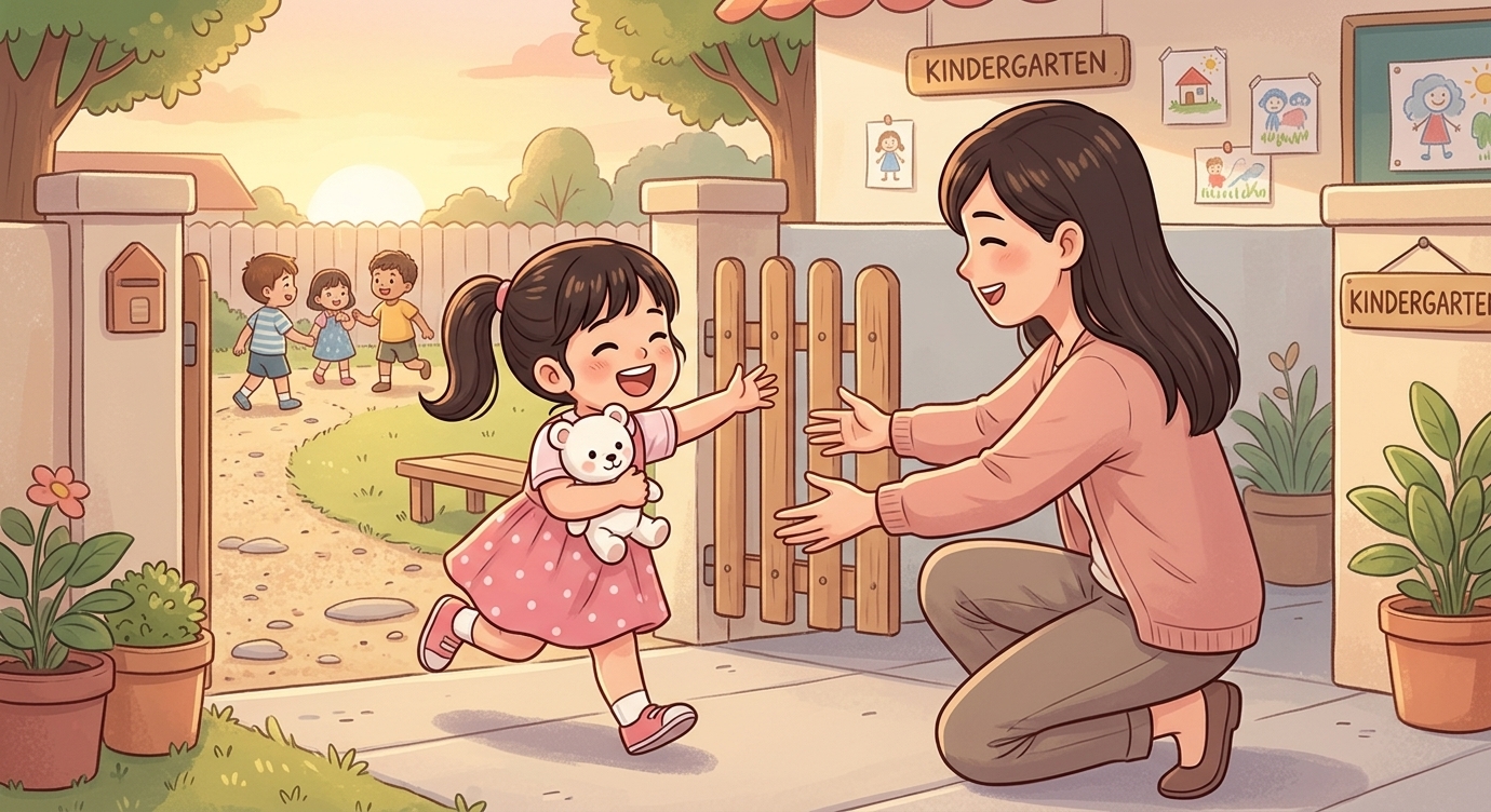 Chiều đến, mẹ đứng chờ ngoài cổng, đúng như lời hứa. Na chạy ào ra, ôm mẹ thật chặt. 'Mẹ ơ…