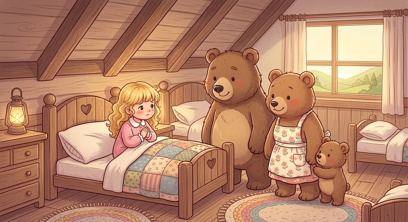 Cô bé giật mình tỉnh dậy, thấy ba chú gấu đứng nhìn. Cô ngồi dậy, đỏ mặt xin lỗi: "Cháu xi…