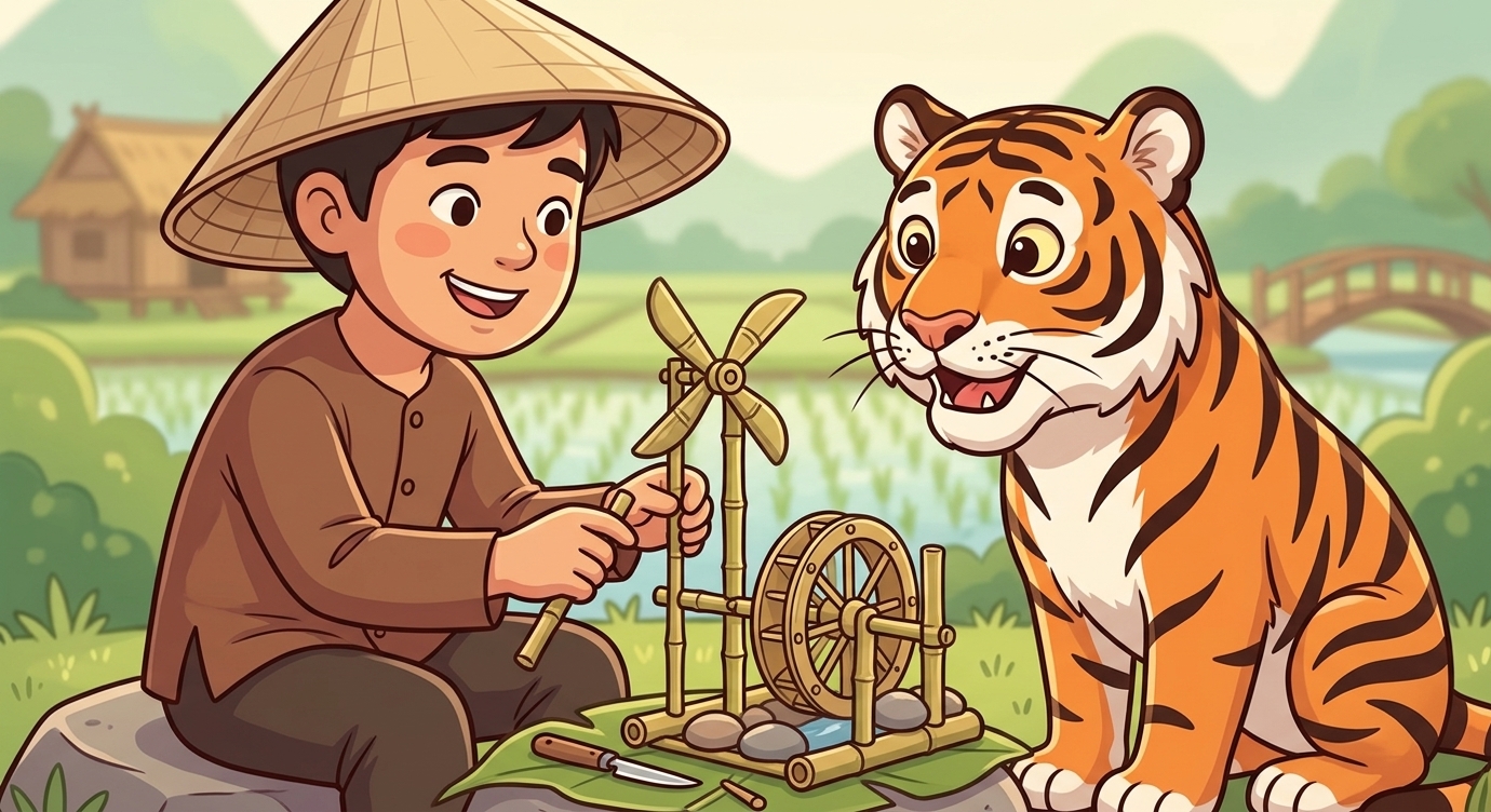 Để Hổ hiểu hơn, bác nông dân nhặt vài viên sỏi và mấy que tre. Bác khéo léo xếp thành một…