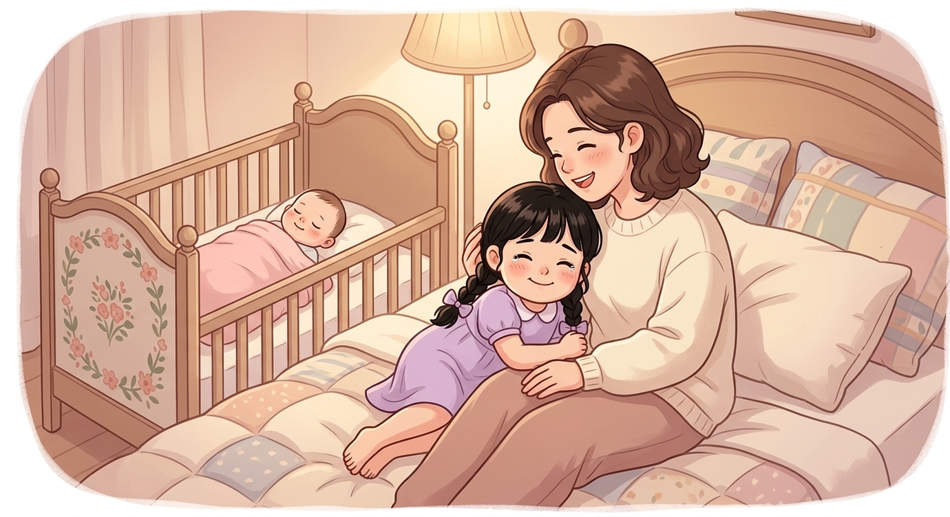 Mẹ nhìn thấy đôi mắt long lanh của Bông. Mẹ đặt em bé vào nôi, rồi kéo Bông vào lòng thật…