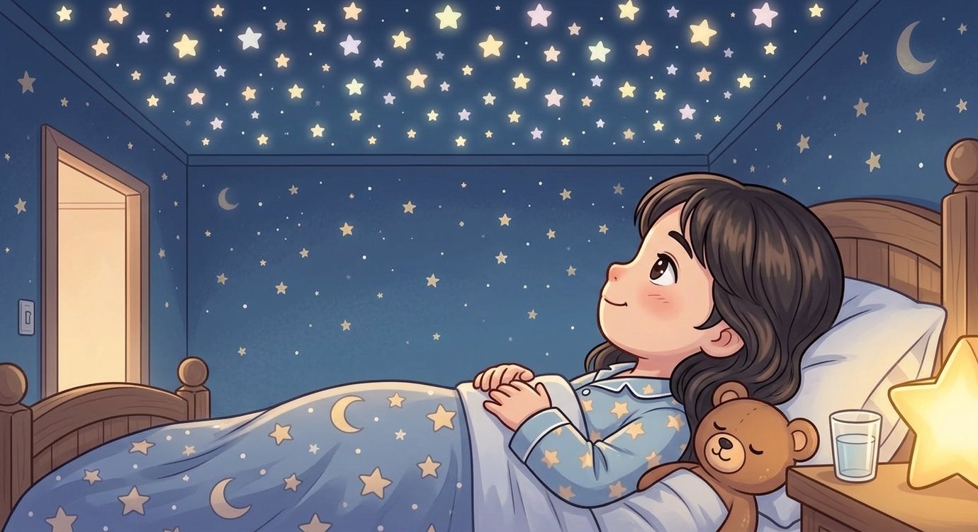 Bỗng Mi ngước lên trần nhà. Những vì sao dạ quang nho nhỏ đang lấp lánh dịu dàng. Cả căn p…