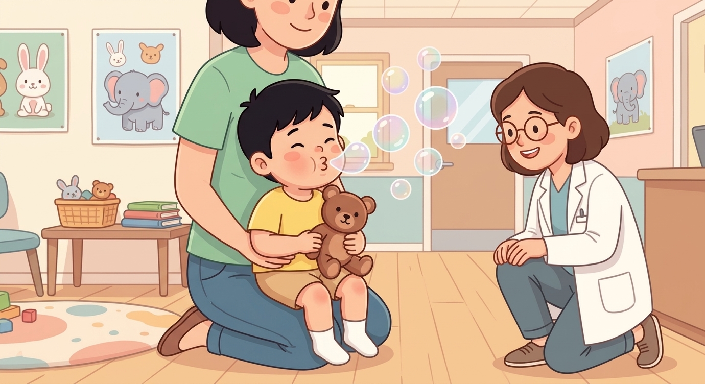 "Bo ơi, mình thử một trò chơi nhé," bác sĩ nói. "Con hít thật sâu bằng mũi, rồi thổi ra th…