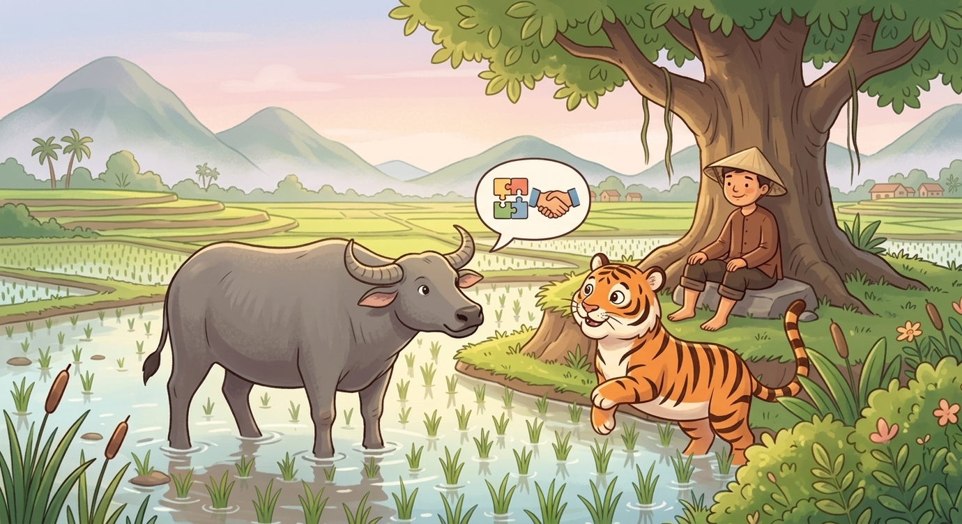 Trâu chậm rãi đáp: "Vì con người có một thứ rất kỳ diệu, gọi là trí khôn." Hổ tròn xoe mắt…