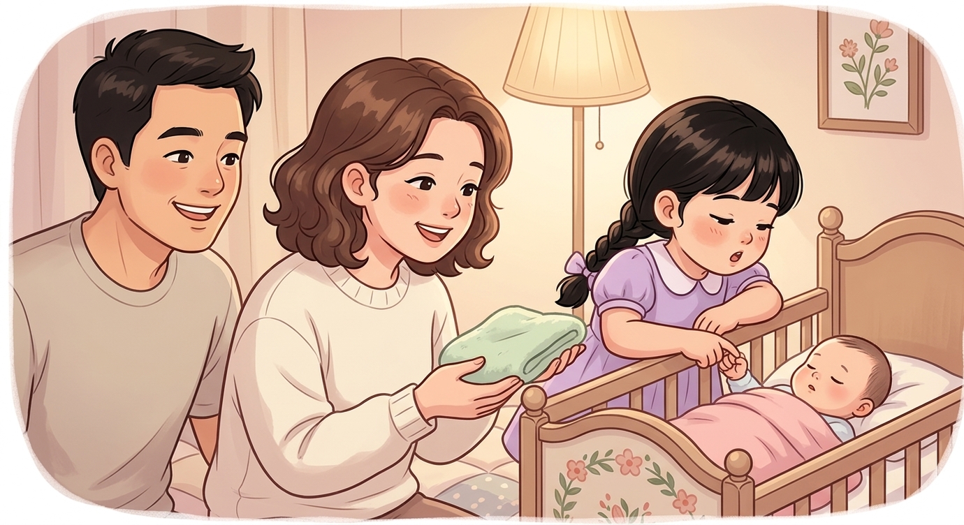 "Bông ơi, con làm chị lớn giúp mẹ nhé?" Bông gật đầu, mắt sáng rỡ. Bông hát ru khe khẽ: "À…