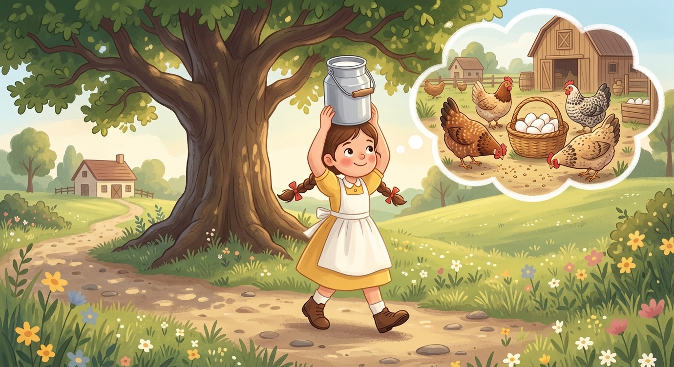 "Những chú gà sẽ lớn lên và đẻ thật nhiều trứng," cô bé mỉm cười. "Mình sẽ bán trứng và có…