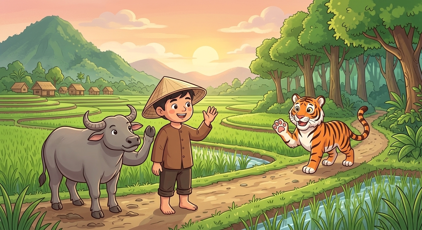 Hổ cảm ơn bác nông dân rồi vui vẻ trở về khu rừng xanh. Từ đó, mỗi khi nhớ lại, Hổ luôn nể…