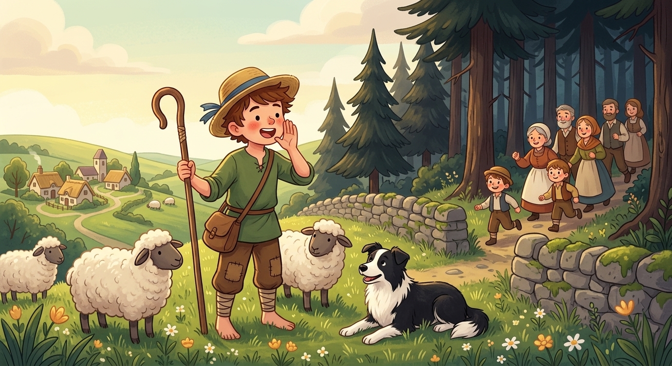 Cậu bé nghĩ ra một trò nghịch. Cậu hét thật to: 'Có sói! Có sói!' Dân làng nghe thấy, vội…