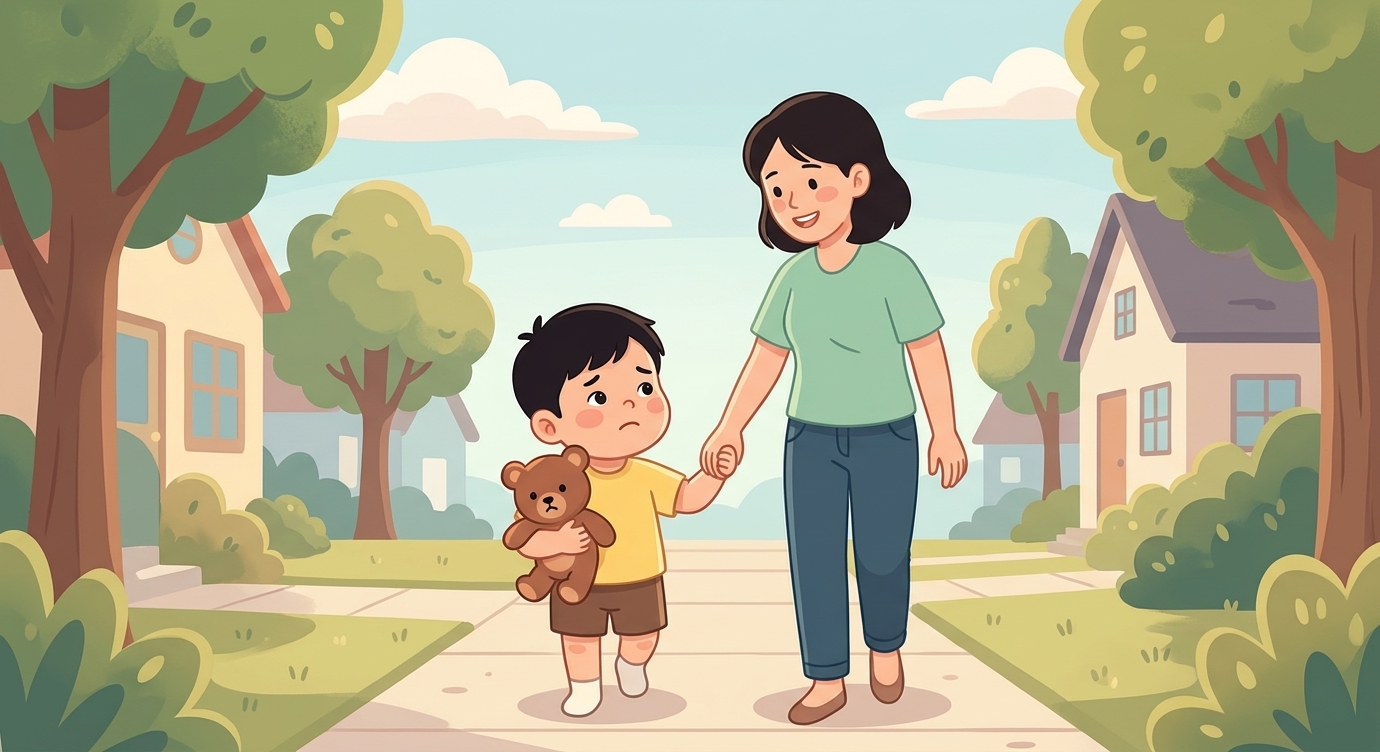 Trên đường đi, tim Bo đập nhanh hơn một chút. Bo nắm chặt tay mẹ và thì thầm: "Mẹ ơi, con…