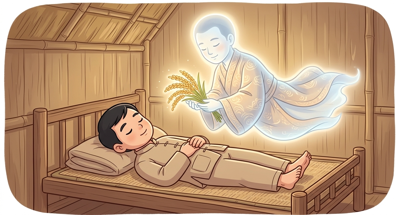 Lang Liêu buồn vì không có gì quý để dâng cha. Một đêm, chàng nằm mơ thấy một vị thần hiền…