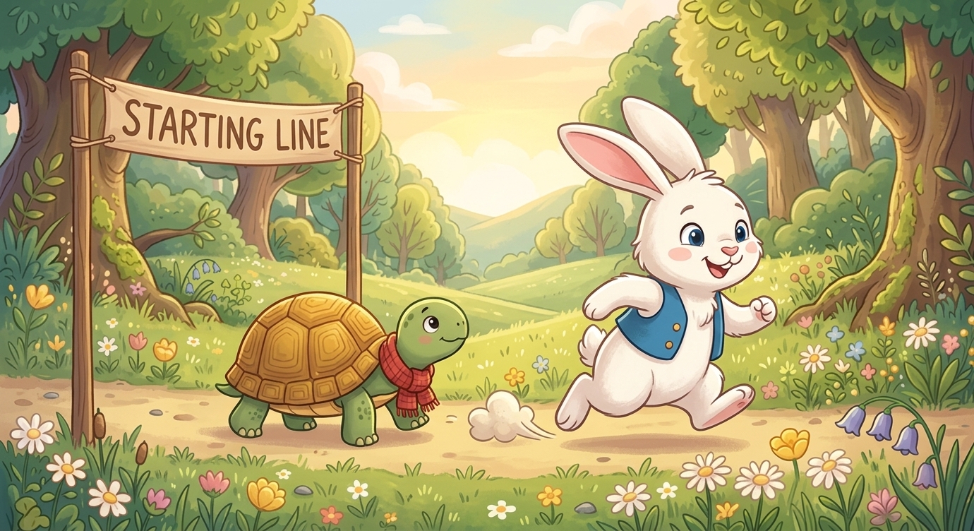 Thế là cuộc đua bắt đầu. 'Một, hai, ba, chạy!' Thỏ phóng vút đi, bỏ Rùa lại thật xa. Rùa v…