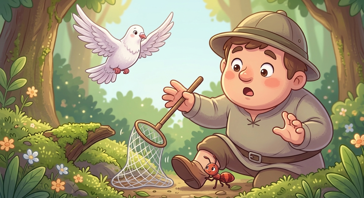 Kiến bé bò lên và cắn nhè nhẹ vào chân bác thợ săn. "Nhột quá!" Bác giật mình, buông rơi t…