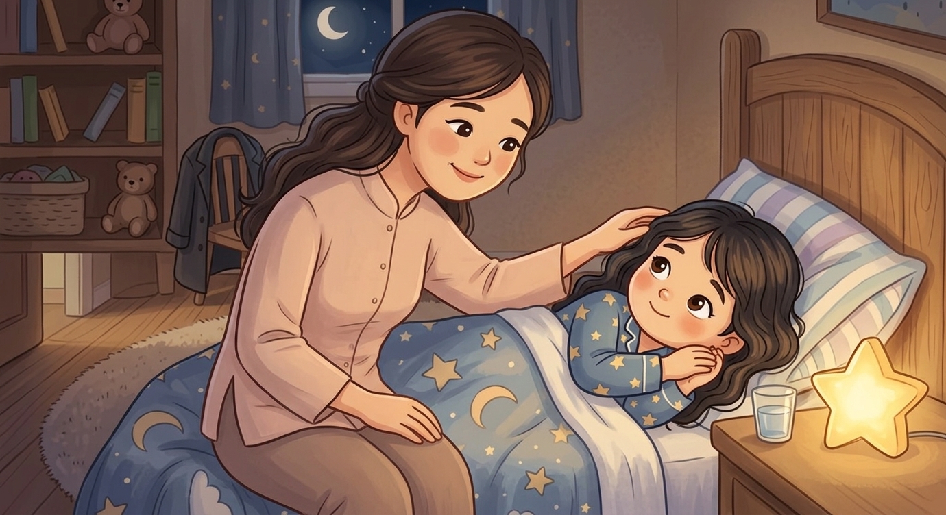 Mẹ ngồi xuống bên giường, xoa nhẹ mái tóc Mi. "Bóng tối chỉ làm mọi thứ trông lạ thôi, con…