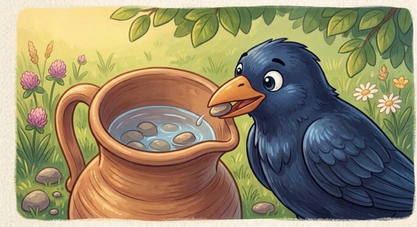 Tõm! Quạ thả viên sỏi đầu tiên vào bình. Tõm, tõm, tõm! Chú thả thêm hết viên này đến viên…