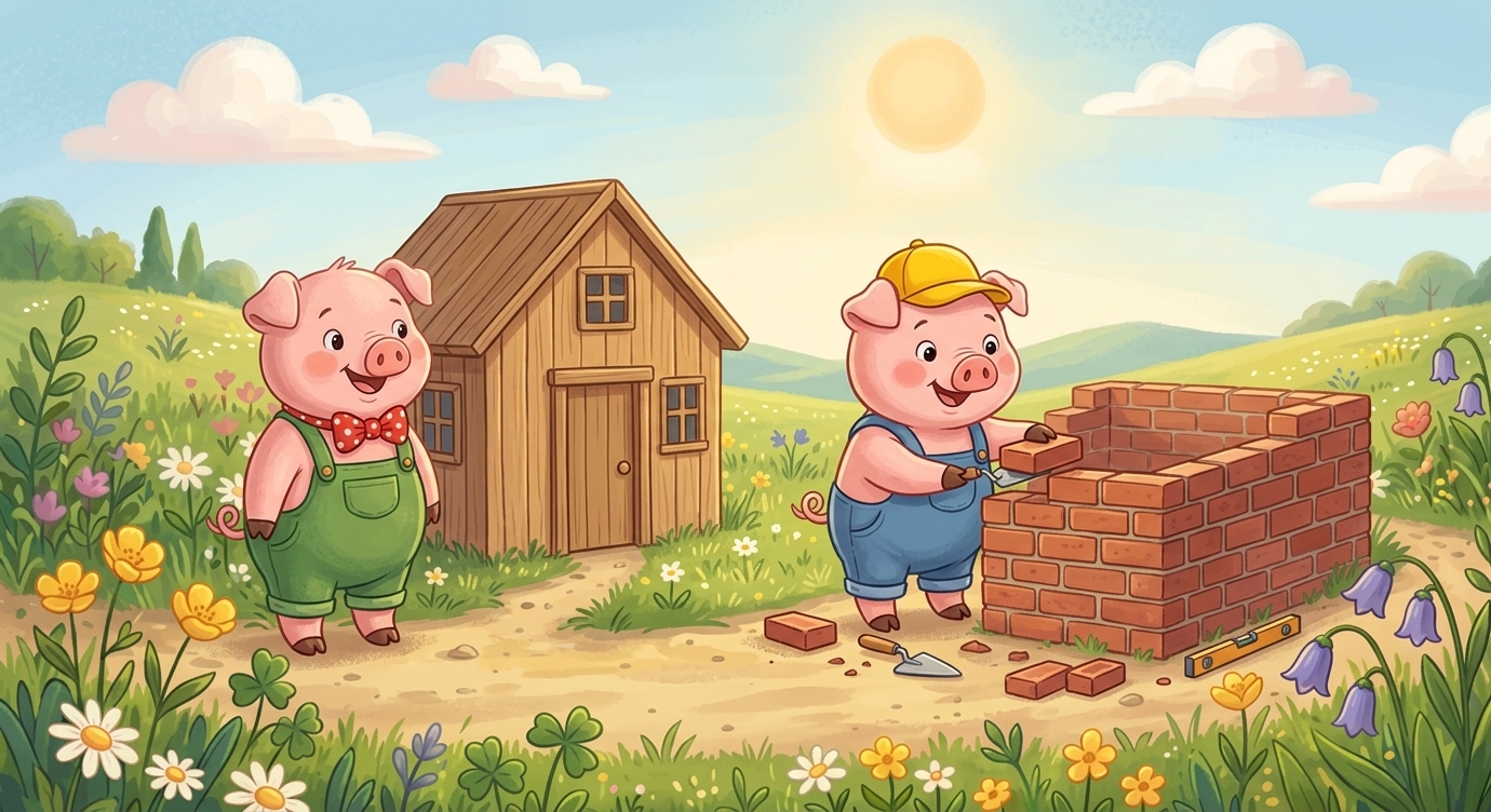 Chú heo thứ hai xây một ngôi nhà bằng gỗ. "Nhà của mình chắc hơn một chút!" chú nói rồi cũ…
