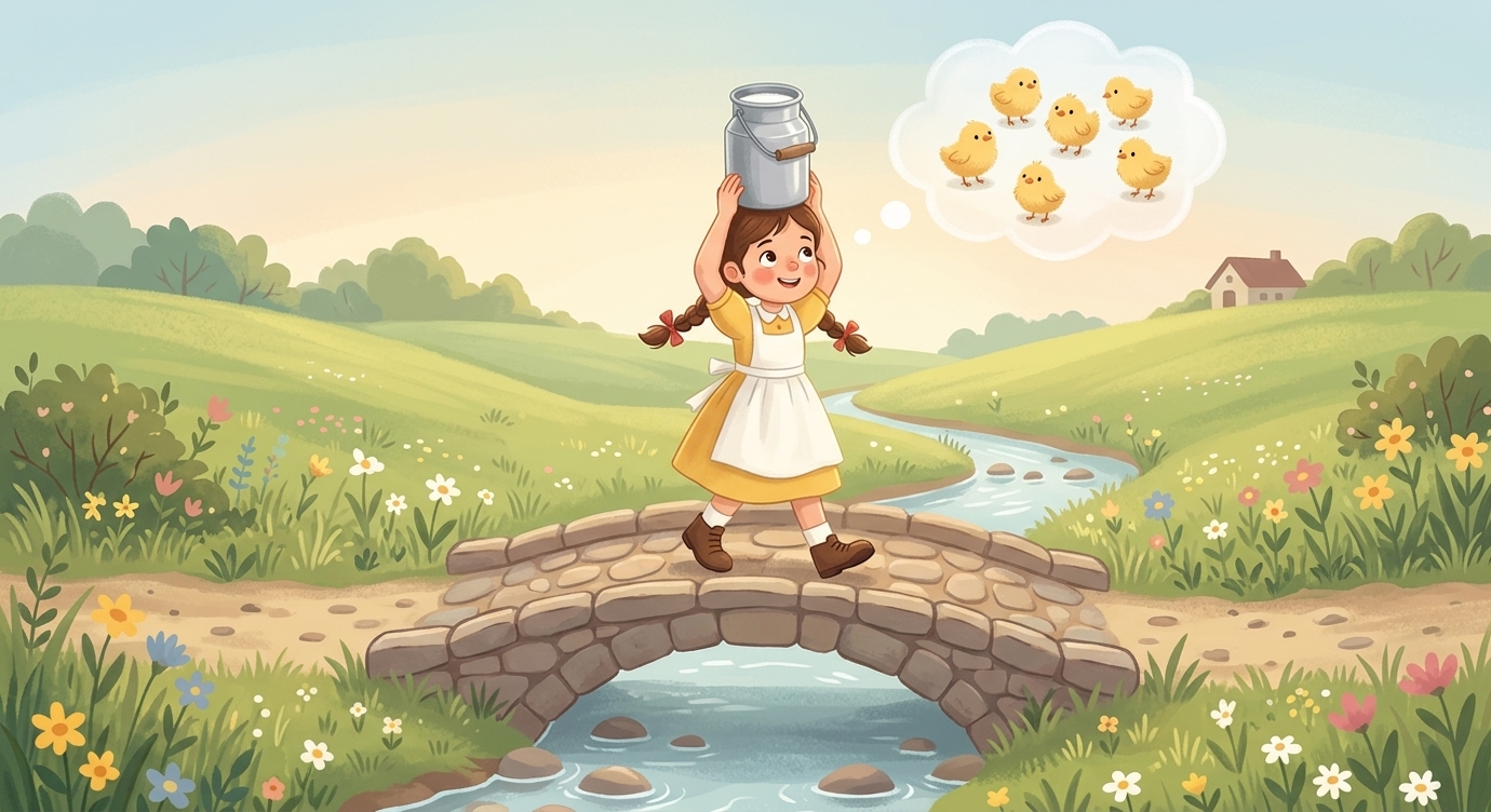 Vừa đi, cô bé vừa bắt đầu mơ mộng. "Mình sẽ bán bình sữa này và có được thật nhiều tiền,"…