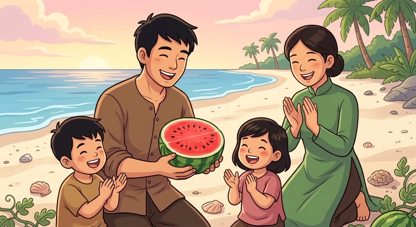 An Tiêm bổ thử một quả. Ruột đỏ tươi, hạt đen nhánh, ăn vào ngọt mát và thơm lịm. Cả nhà r…