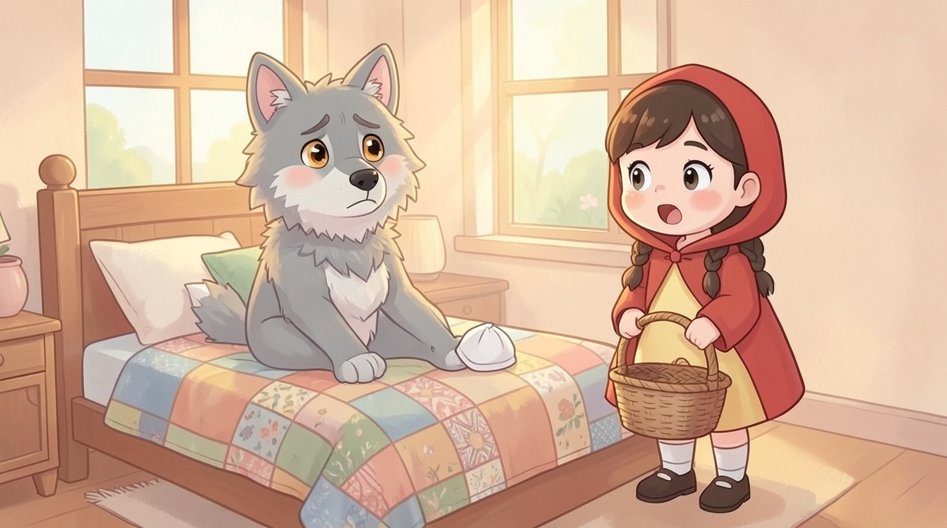 Khăn Đỏ vào phòng, thấy "bà" nằm trên giường. "Ơ, sao tai bà to thế?" "Hắt xì!" Chiếc mũ r…