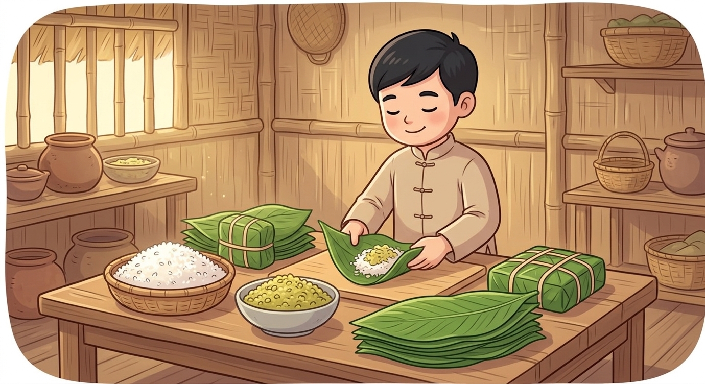 Tỉnh dậy, Lang Liêu mừng rỡ bắt tay vào làm. Chàng chọn những hạt gạo nếp trắng ngần, thơm…