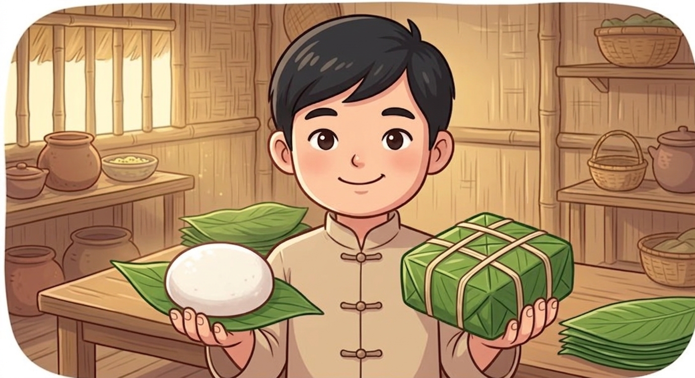 Chàng gói gạo và đậu trong lá dong thành chiếc bánh vuông vắn, gọi là bánh chưng, tượng tr…