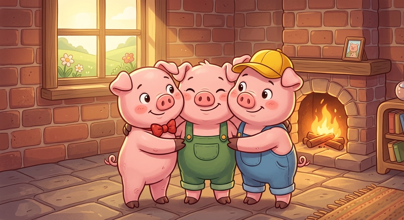 Hai chú heo chạy thật nhanh sang ngôi nhà gạch của heo út. "Vào đây với anh, nhà mình chắc…