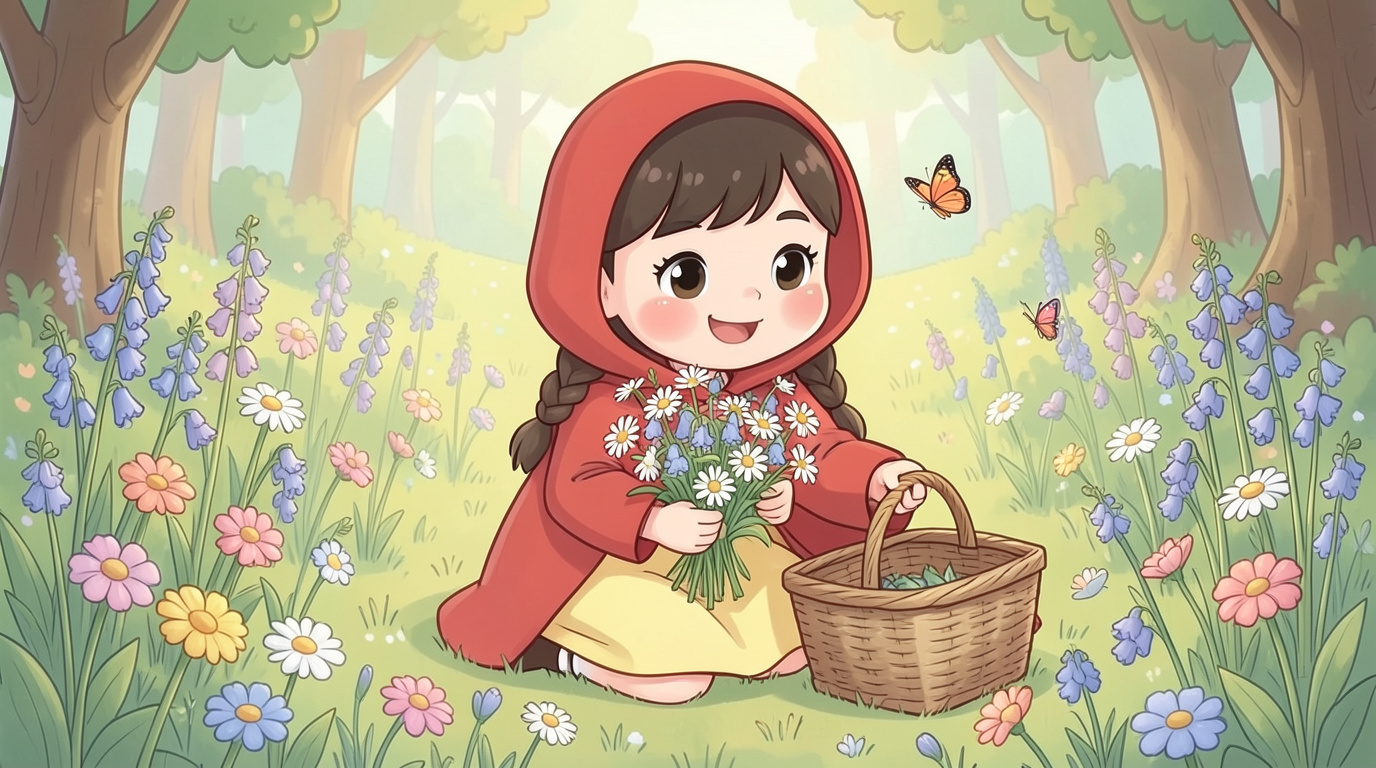 "Hoa bên kia đẹp lắm, hái tặng bà đi!" Sói gợi ý rồi lẻn chạy đi trước. Khăn Đỏ mải hái ho…