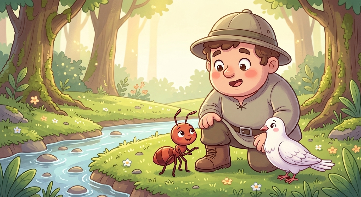 Bồ câu đậu xuống bên Kiến, khẽ cảm ơn. "Bạn đã cứu tớ, cảm ơn bạn nhiều!" Kiến bé cười: "B…