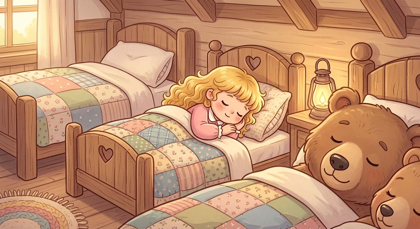 Buồn ngủ quá, cô bé đi lên gác thử ba chiếc giường. Giường lớn quá cứng, giường vừa quá mề…