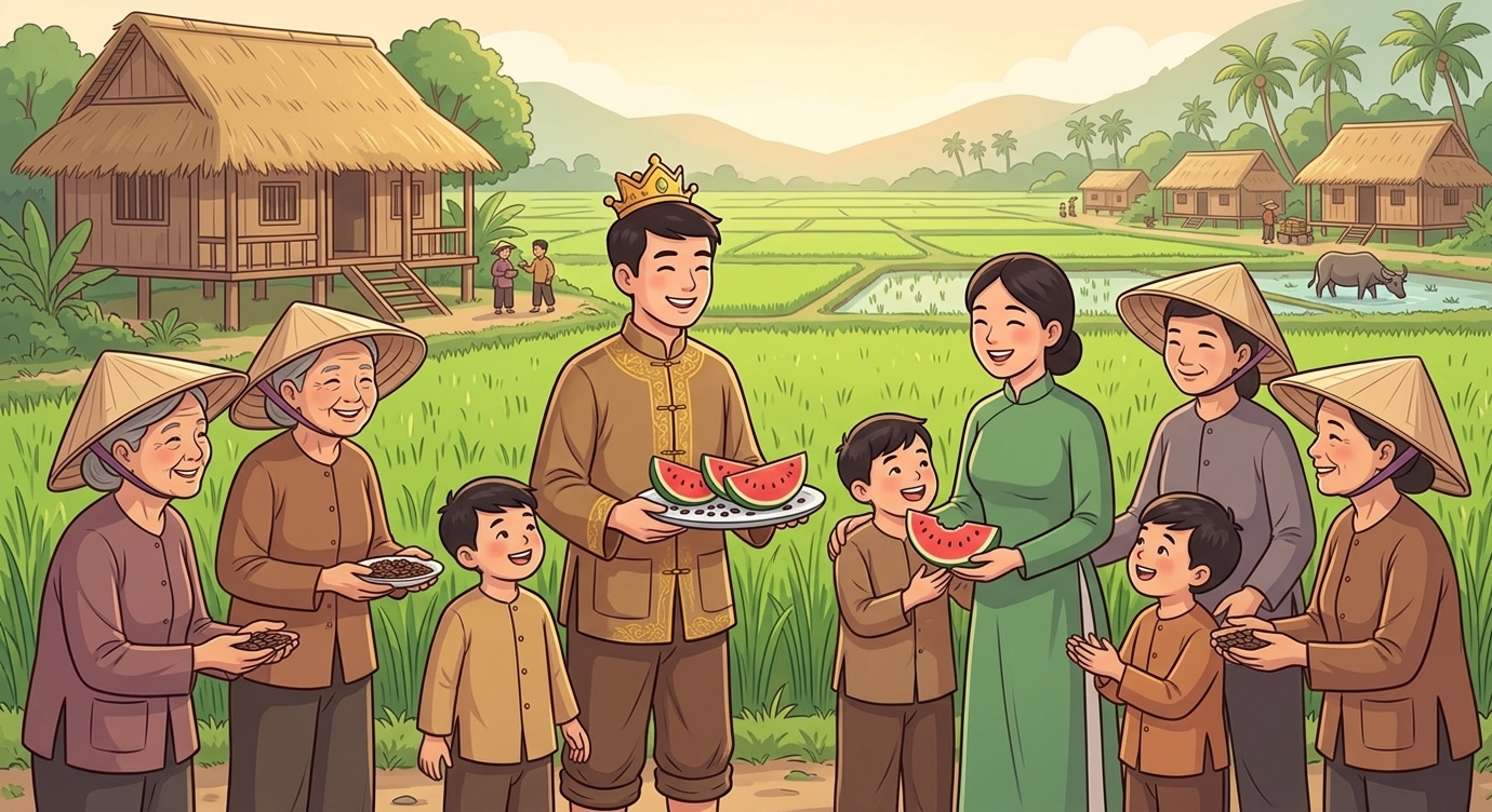 Gia đình An Tiêm vui mừng trở về quê hương. Chàng mang theo hạt dưa hấu, dạy mọi người cùn…