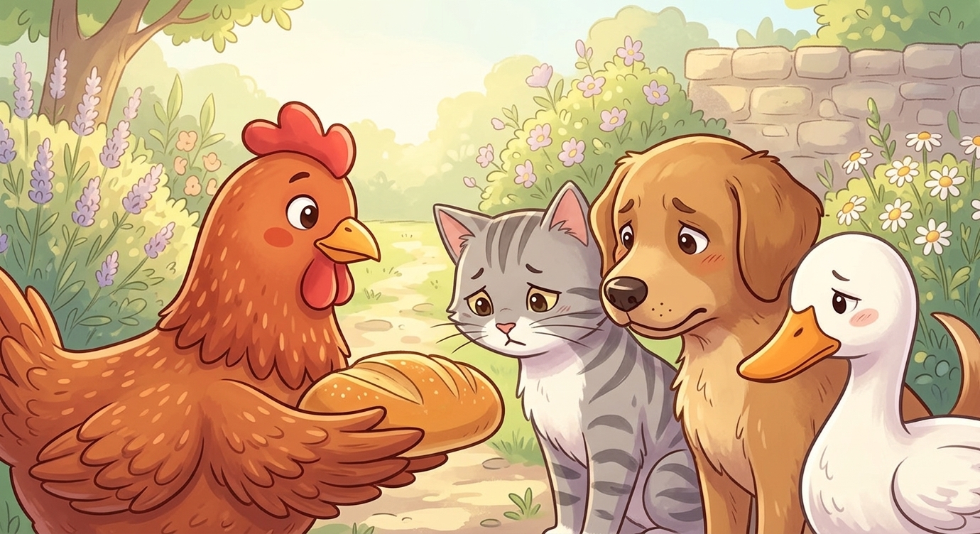 Cô Gà Mái nhỏ nhẹ nhàng hỏi: "Ai đã cùng tôi gieo lúa, gặt lúa và làm bánh nào?" Ba người…