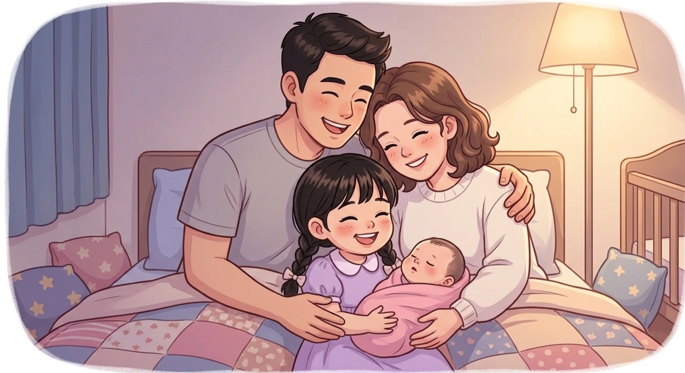 Buổi tối, cả nhà ngồi sát bên nhau trên chiếc giường ấm. Bố ôm mẹ, mẹ ôm Bông, Bông ôm em…