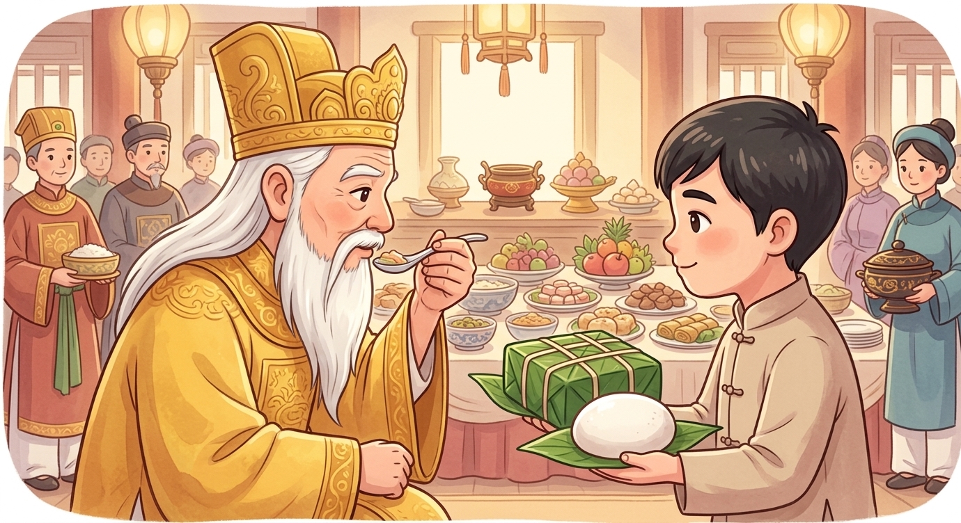 Đến ngày dâng lễ, mâm cỗ của các hoàng tử đầy sơn hào hải vị. Còn Lang Liêu chỉ khiêm tốn…