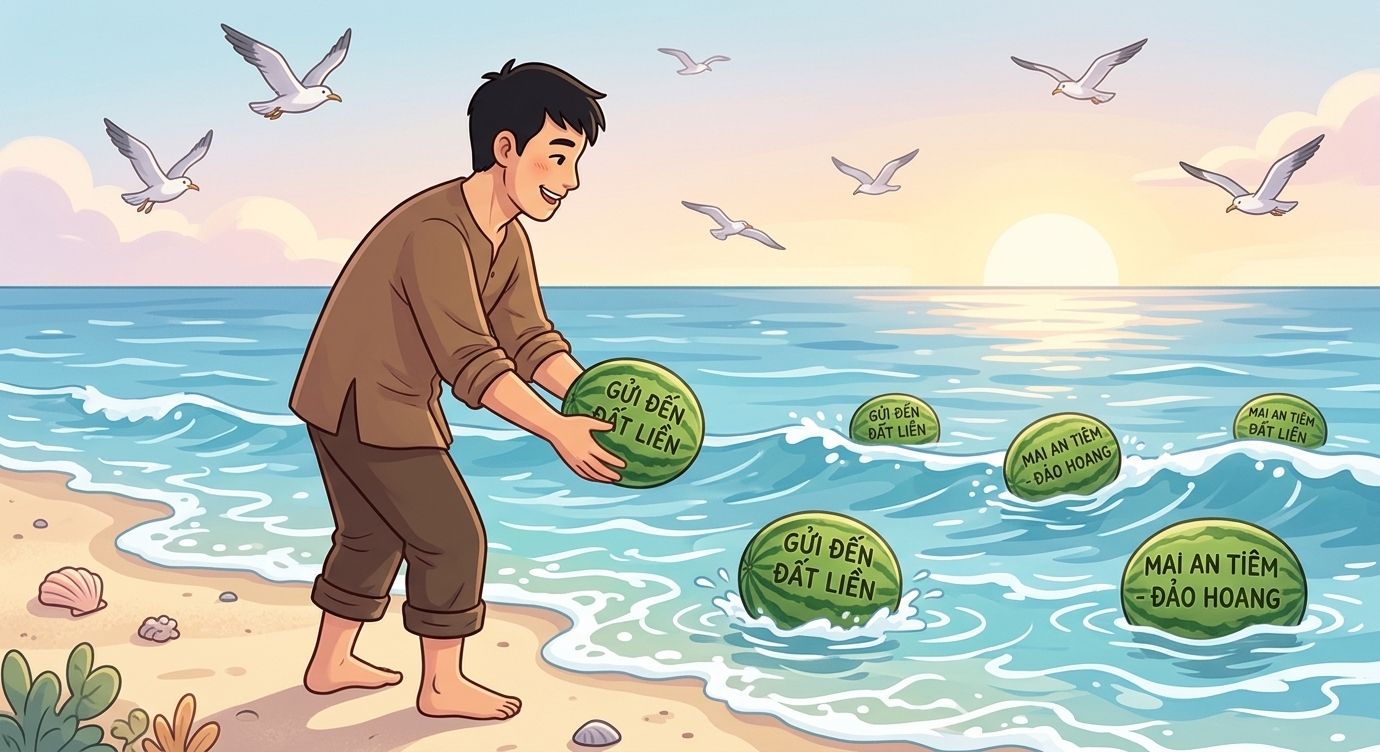 An Tiêm khắc tên mình lên vỏ vài quả dưa rồi thả xuống biển cho sóng đưa đi. "Biết đâu có…