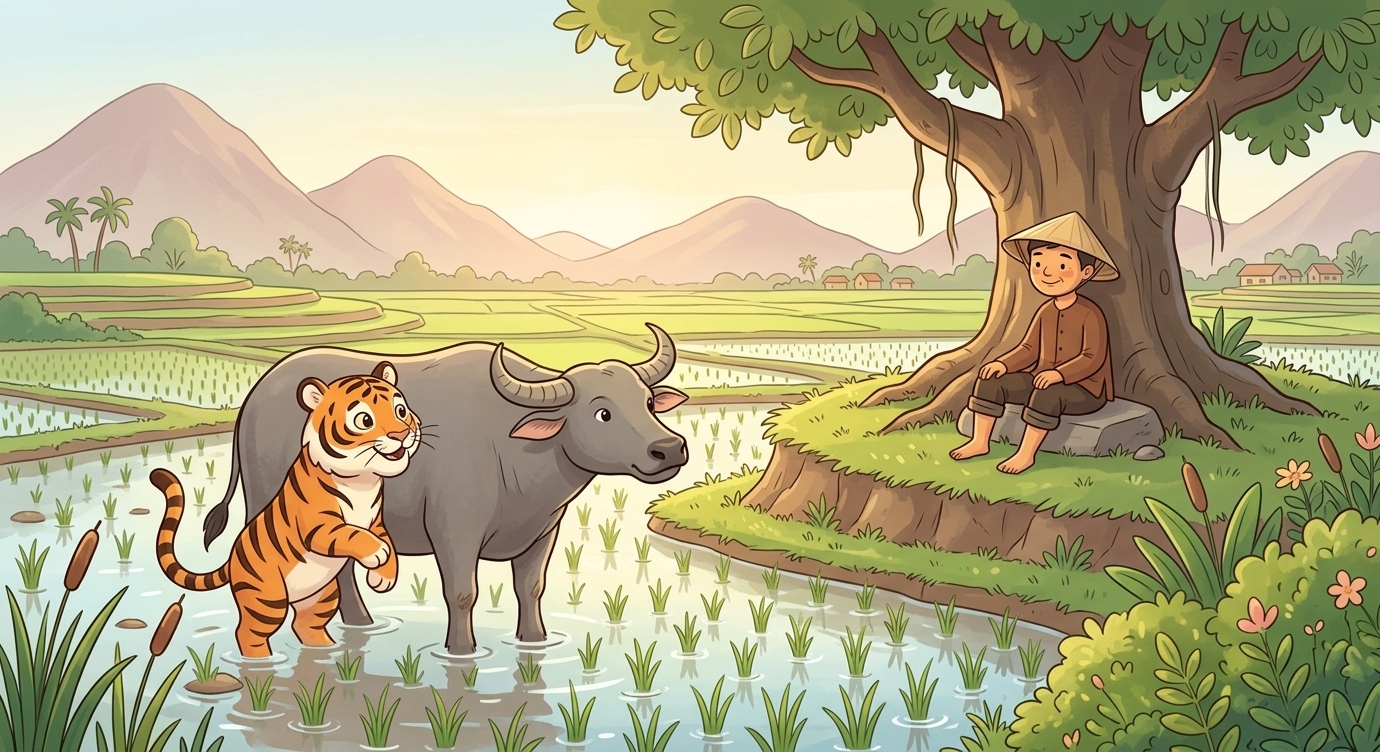 Hổ nghĩ thầm: "Trâu to lớn thế kia, sao lại chịu nghe lời người bé nhỏ?" Đợi bác nông dân…