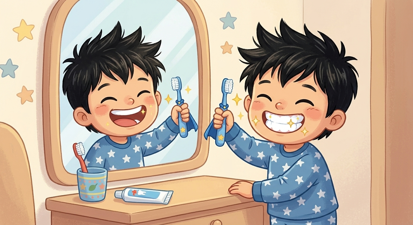 Ken soi gương và cười thật tươi. Hàng răng trắng sáng lấp lánh như những ngôi sao nhỏ. Hơi…