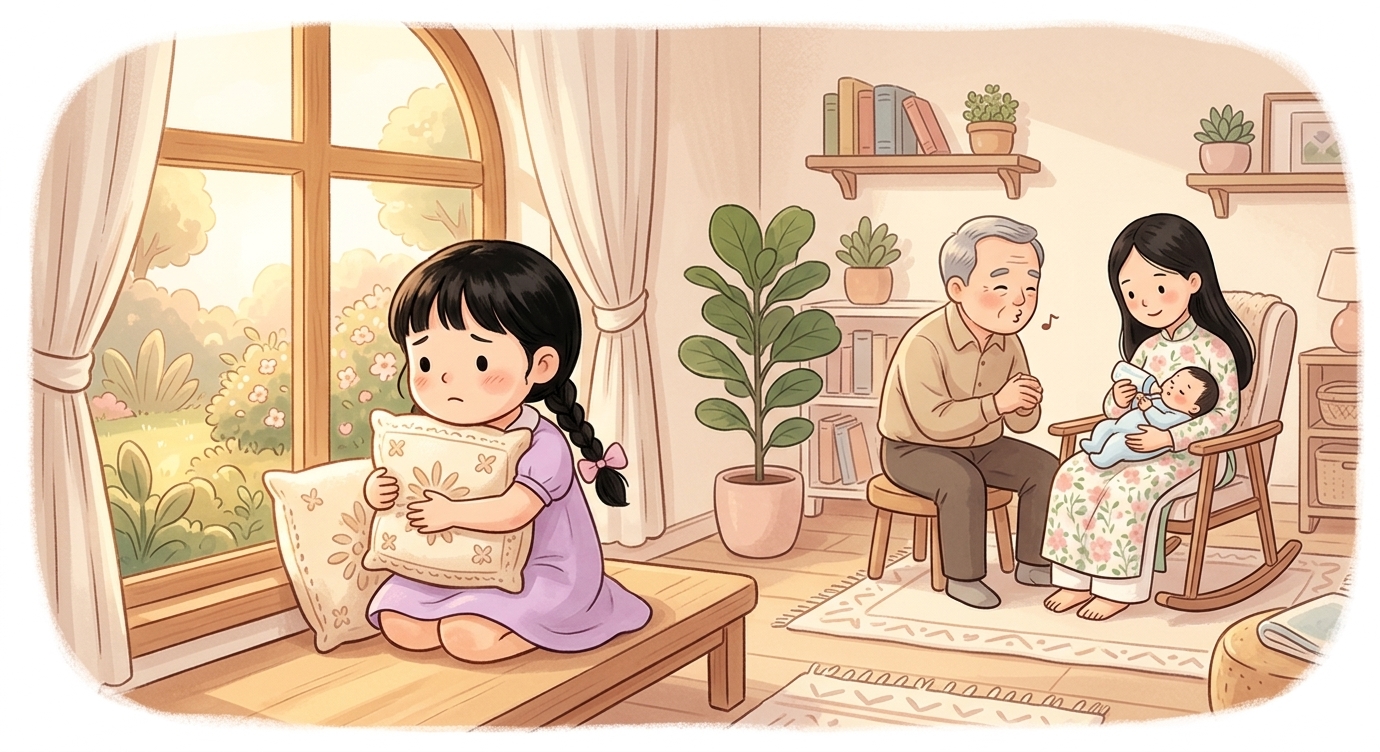 Từ khi có em, hình như ai cũng quây quanh em suốt cả ngày. Mẹ bận cho em bú, bố bận ru em…