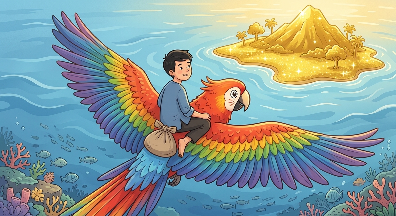 Người em vui vẻ may một chiếc túi vừa ba gang tay. Sáng hôm sau, chim cõng anh bay qua biể…