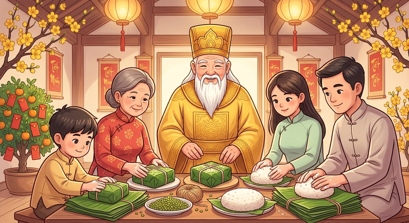 Từ đó, mỗi dịp Tết đến, nhà nhà lại gói bánh chưng, làm bánh dày. Mùi bánh thơm nhắc mọi n…
