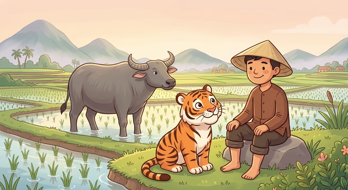 Hổ tò mò chạy đến bên bác nông dân và hỏi: "Bác ơi, trí khôn của bác đâu? Cho tôi xem với!…