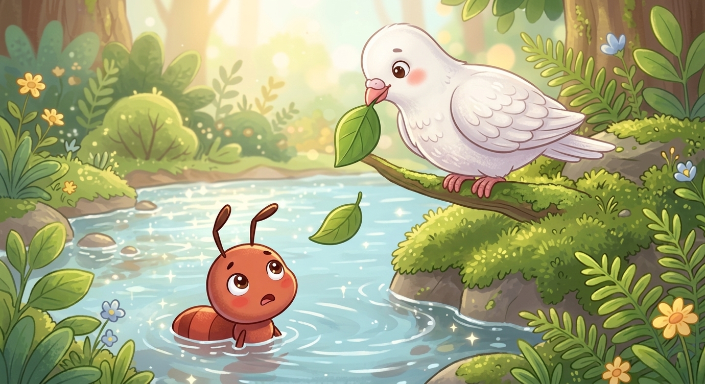 Trên cành cây gần đó, Bồ câu trắng nghe tiếng kêu. "Ôi, bạn Kiến gặp nguy rồi!" Bồ câu vội…