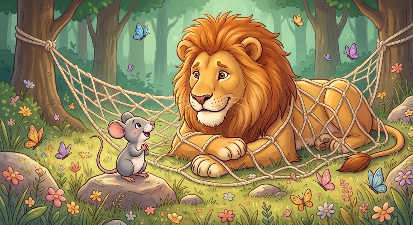 Ít ngày sau, Sư tử đi dạo trong rừng. Bỗng 'roạt' một tấm lưới của thợ săn trùm lên. Sư tử…
